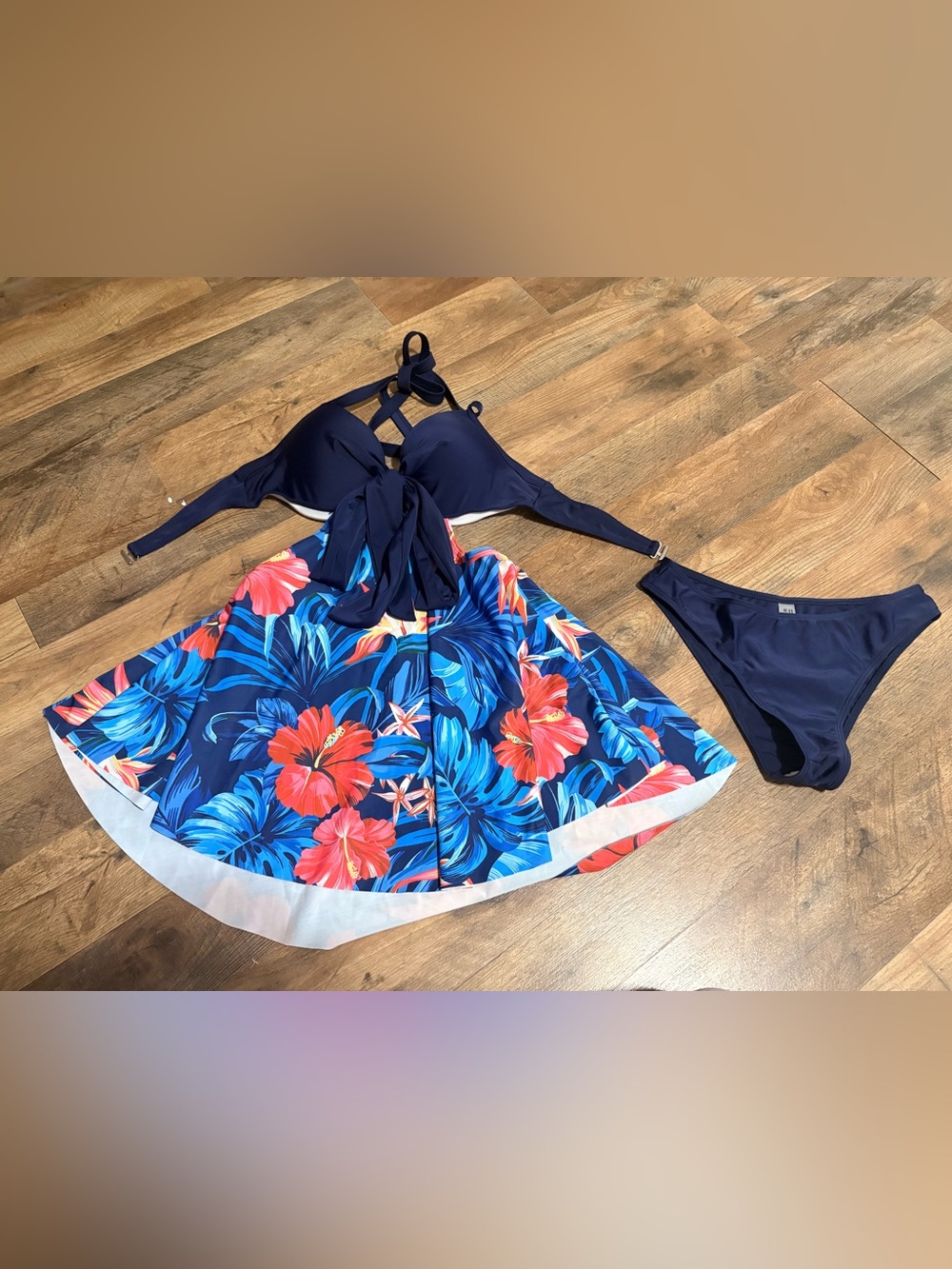 SHEIN Navy Blue Floral Two-Piece Swim Set with Skirt
